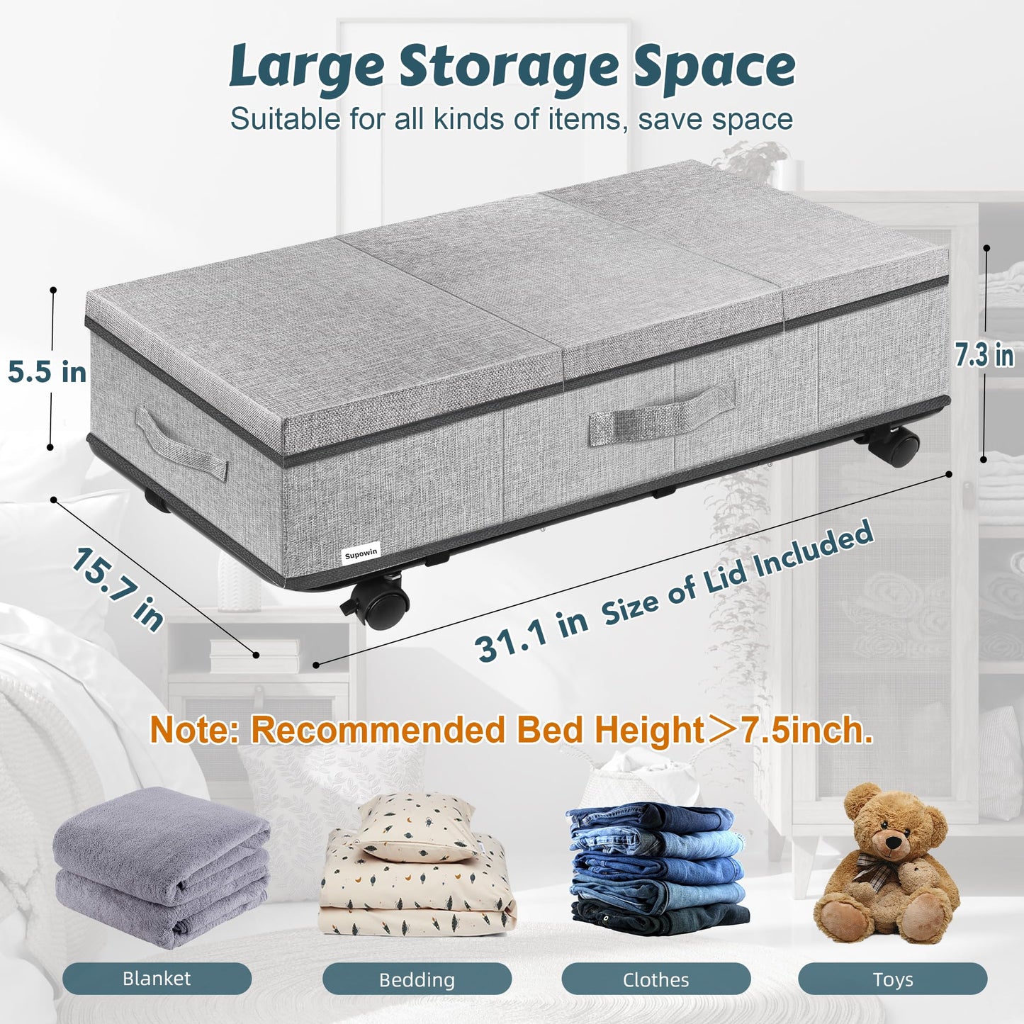Supowin Under Bed Storage with Wheels, 2Pack Rolling Underbed Storage
