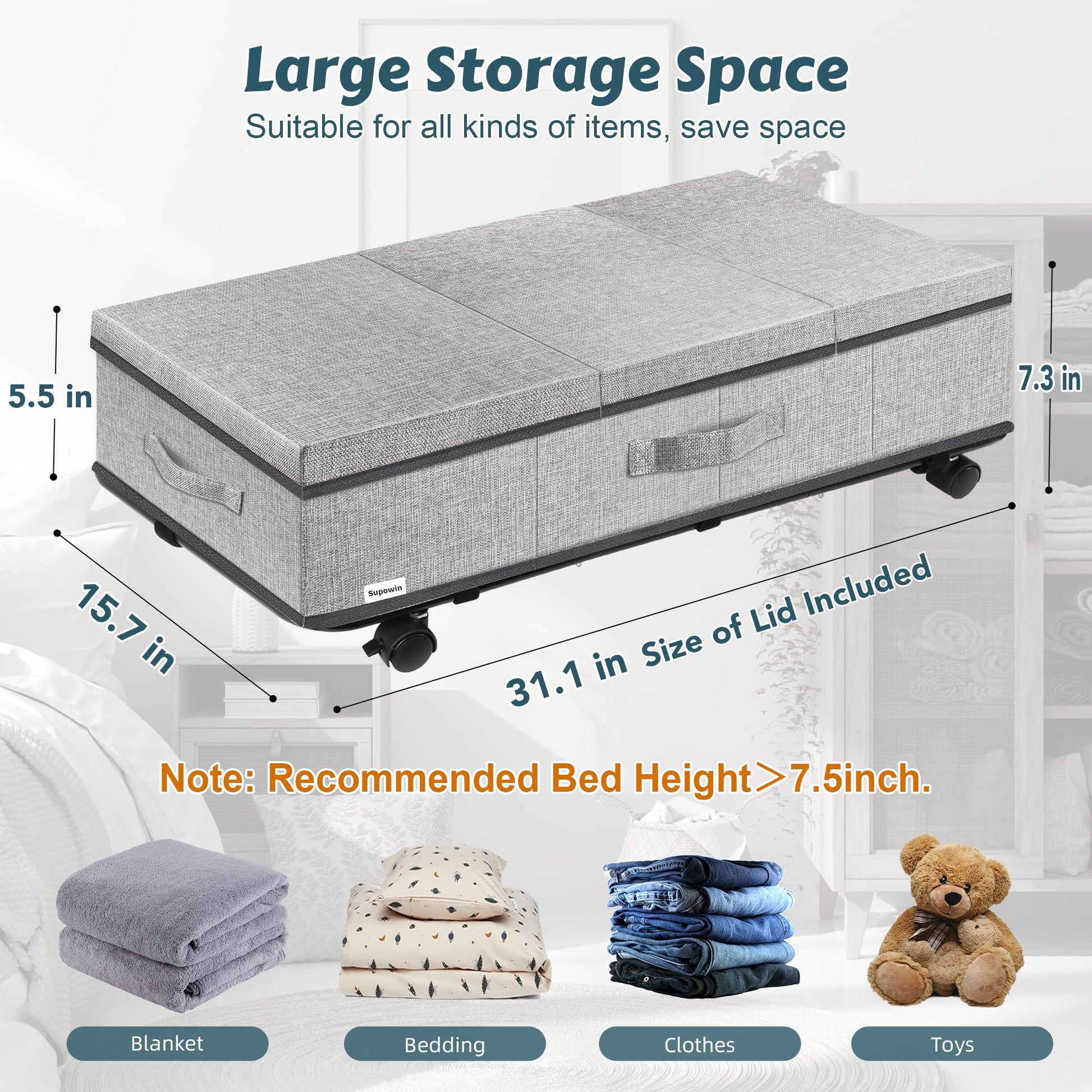 Supowin Under Bed Storage with Wheels, 2Pack Rolling Underbed Storage
