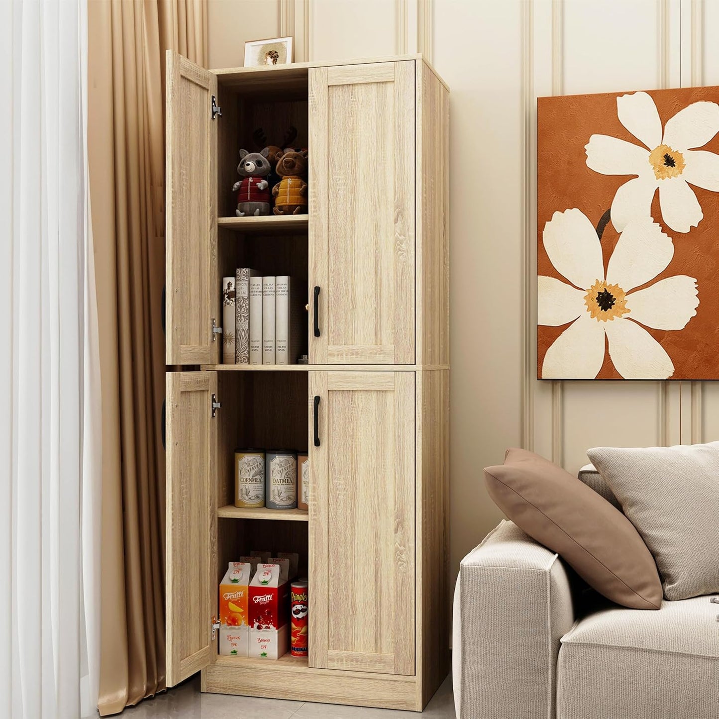 Storage Cabinet, Kitchen Cabinet with Doors & Shelf, Tall Storage Cabinet for Bathroom, Living Room, Entryway,Natural