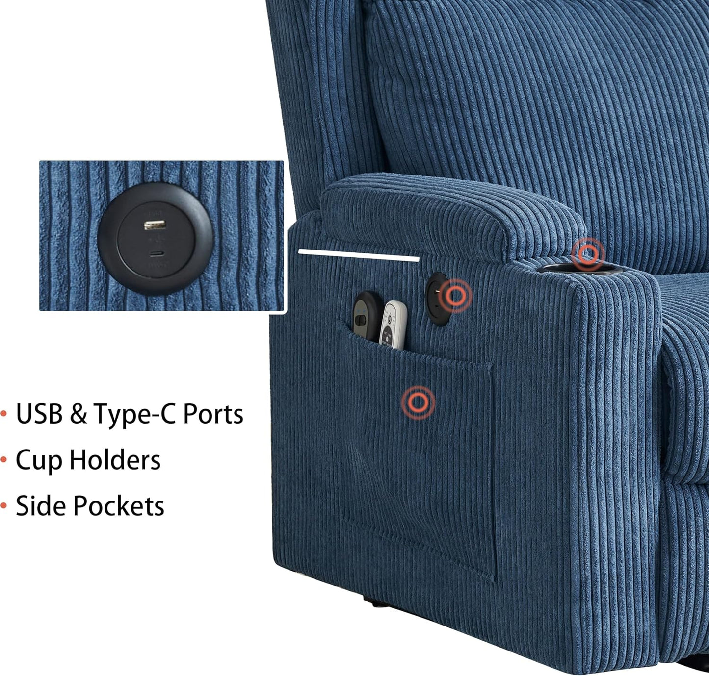 Lift Recliner Chair for Adults with Massage and Heating, Power Lift Recliner Chairs for Elderly, Corduroy Fabric Reclining Chair with USB &Type-C Port, Cup Holders, L6111 (Blue)