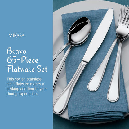 Mikasa Bravo 65-Piece Flatware Set for 12, 18/10 Stainless Steel Silverware with Full Service, Includes Forks, Knives, Spoons, and Serving Utensils