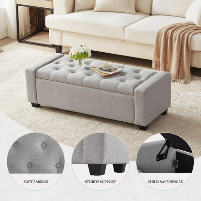 48" Ottoman with Storage, Storage Ottoman Bench with Safety Hinge, Upholstered Entryway Bench with Seating for Bedroom, Living Room, Holds up to 330 lb(Light Gray)