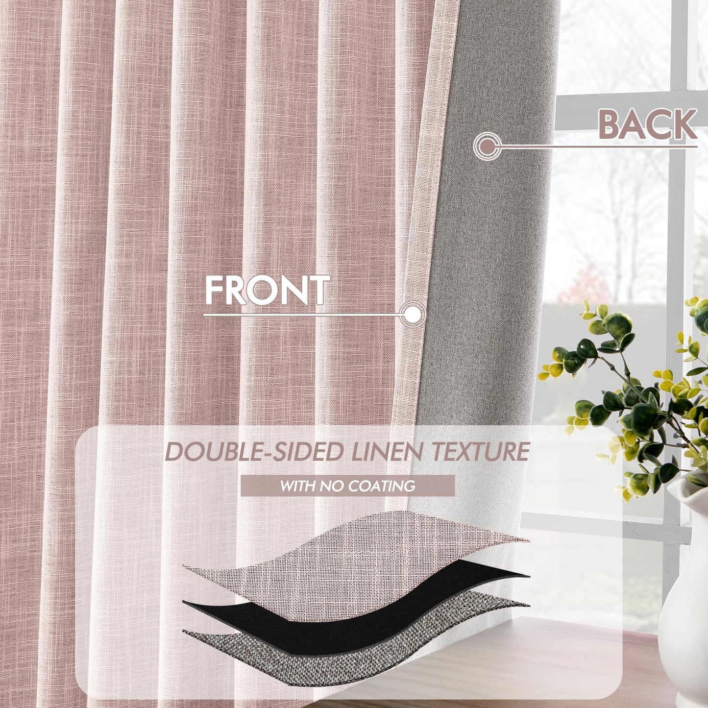 MIULEE Baby Pink 100% Blackout Linen Curtains 84 Inch 2 Panels Set Double Sided No Coating Pleated Back Tab Black Out Long Thermal Insulated Pinch Pleat Bedroom Living Room Darkening Window Drapes