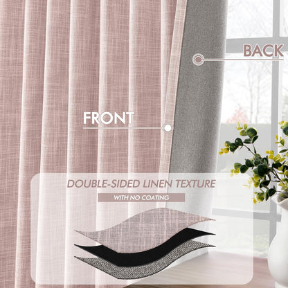 MIULEE Baby Pink 100% Blackout Linen Curtain 108 Inch 2 Panel Set Double Sided No Coating Pleated Back Tab Black outExtra Long Thermal Insulated Pinch Pleat Bedroom Living Room Darkening Window Drape