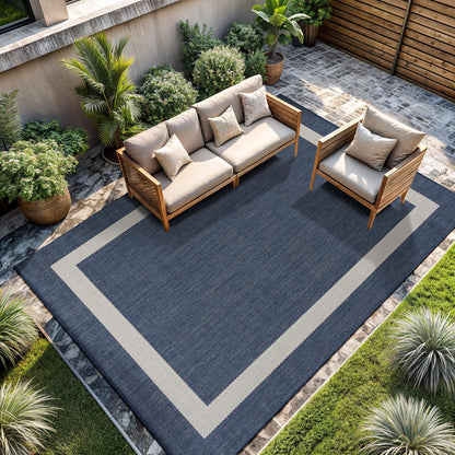 CAMILSON Outdoor Rug 9x12, Large Modern Outside Rugs for Patios Porches Waterproof Durable Washable Non-Shedding, Easy-to-Clean Indoor Outdoor Area Carpet (9 x 12, Bordered - Blue/White)