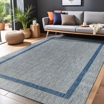 Bordered Outdoor Rug 9x12 Washable Outside Carpet for Indoor Patio Porch Waterproof Easy Cleaning Non Shedding Area Rugs Silver Gray - Blue 9 x 12