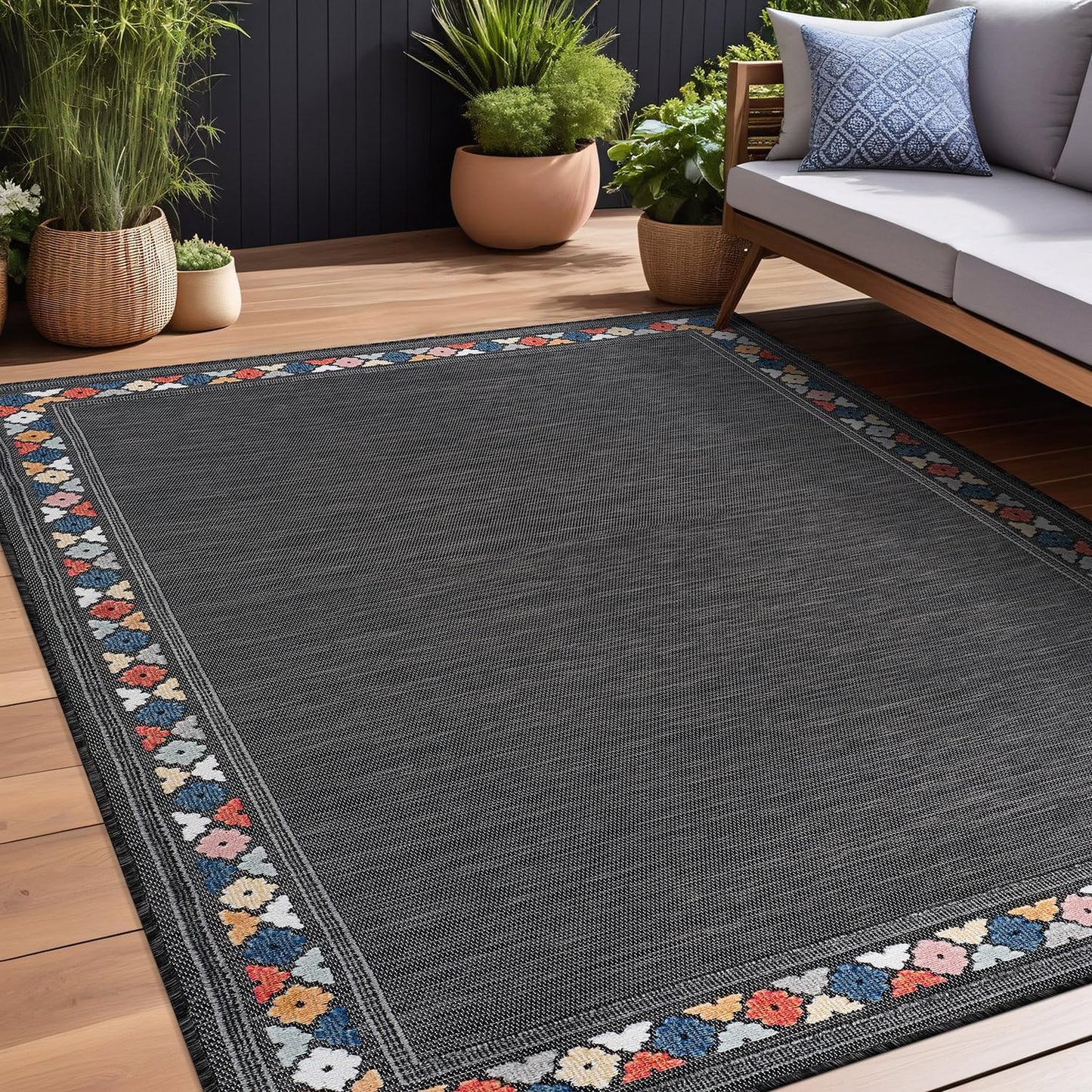 Beverly Rug Outdoor Rug 5x7 Modern Bordered Area Rugs for Indoor and Outdoor Patio Easy to Clean Non Shedding Living Room Porch Garden Washable Outside Carpet (5 x 7 Dark Gray)