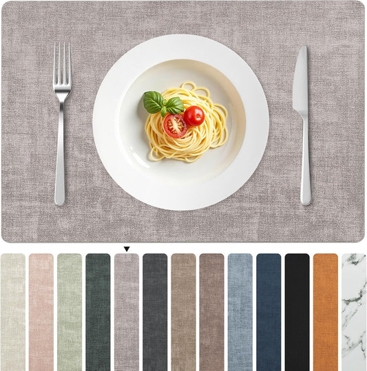 FROMHEART Faux Leather Placemats Set of 8–Waterproof,Heat/Oil Stain-Resistant PU Table Mat–Reversible,Non-Slip,Easy to Clean Place Mats for Kitchen,Dining,Indoor/Outdoor,(Light Grey,11.8" x 17")
