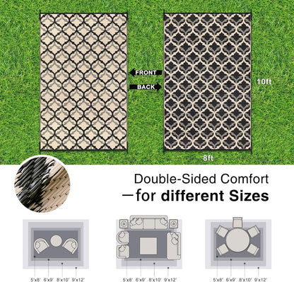 OLANLY Reversible Outdoor Rug 8x10 ft Clearance, Waterproof Outdoor Plastic Straw Rug with Interlacing Pattern, RV Mat for Patio, Camping, Balcony, Deck, Backyard, Black & Beige