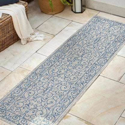 JONATHAN Y Vintage Filigree Indoor Outdoor Runner Rug 2X8 Gray/Navy, Charleston Textured Weave for Backyard, Patio, Porch, Easy-Cleaning, High Traffic, Pet-Friendly, Non-Shedding (SMB106C-28)