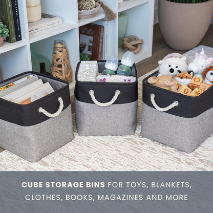 OrganiHaus 12x12 Cube Storage Bins 4 Pack, Foldable Cube Storage Organizer w/ Rope Handles, Collapsible Fabric Bins for Toys, Clothes & Closet Organization, Fabric Square Baskets - Gray/Black