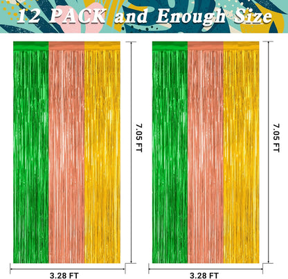 12 Pack Hawaiian Party Decorations, 3.28 FT x 7.05 FT Luau Party Decorations, Green Brown Yellow Luau Backdrop Fringe Curtains Foil Streamer, Metallic Summer Decor Luau Party Supplies