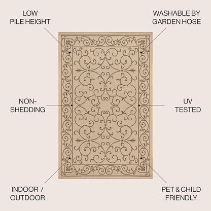 JONATHAN Y Vintage Filigree Indoor Outdoor Square Area Rug 6X6 Beige/Brown, Charleston Textured Weave for Backyard, Patio, Porch, Easy-Cleaning, High Traffic, Pet-Friendly, Non-Shedding (SMB106A-6SQ)