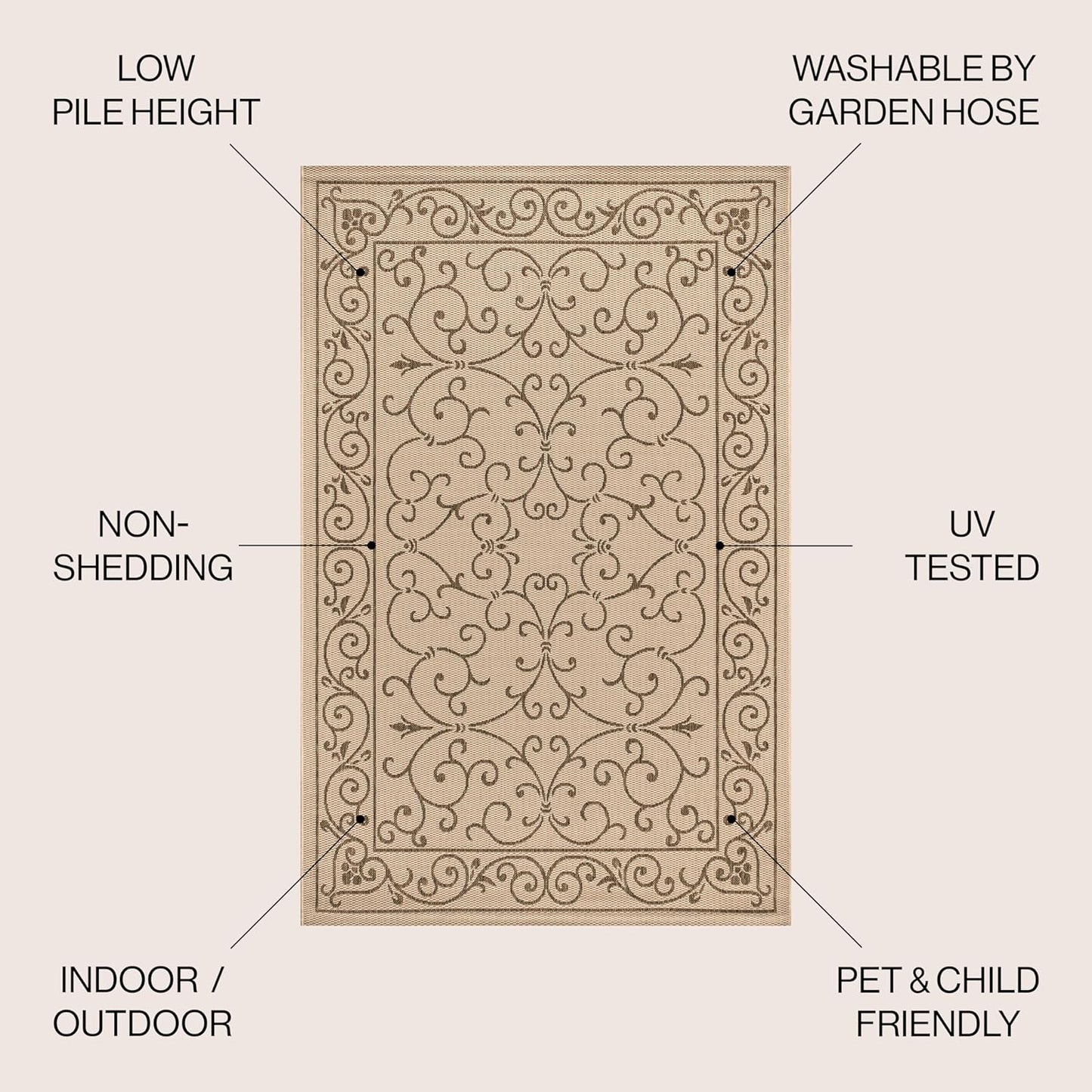 JONATHAN Y Vintage Filigree Indoor Outdoor Area Rug 4X6 Beige/Brown, Charleston Textured Weave for