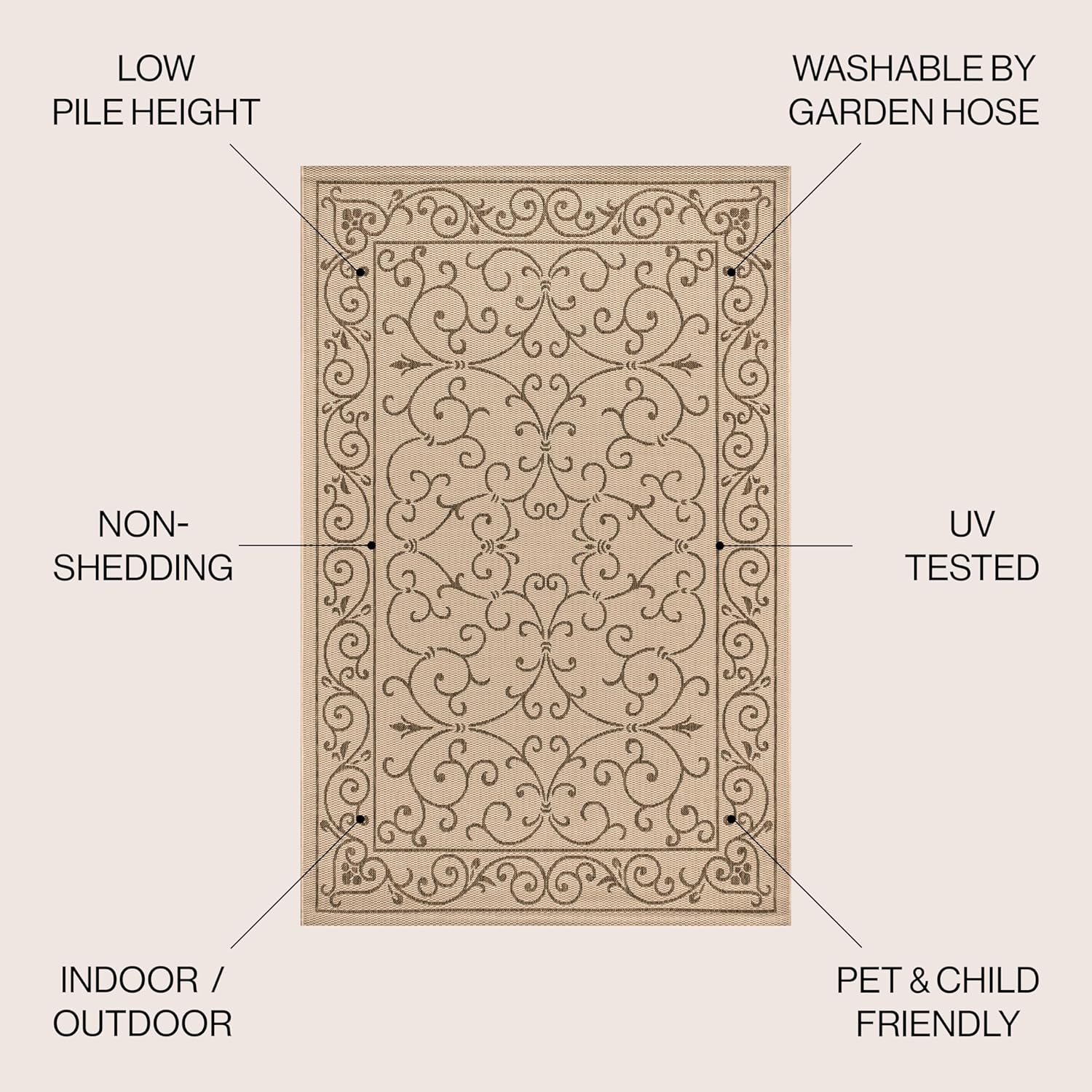 JONATHAN Y Vintage Filigree Indoor Outdoor Area Rug 4X6 Beige/Brown, Charleston Textured Weave for