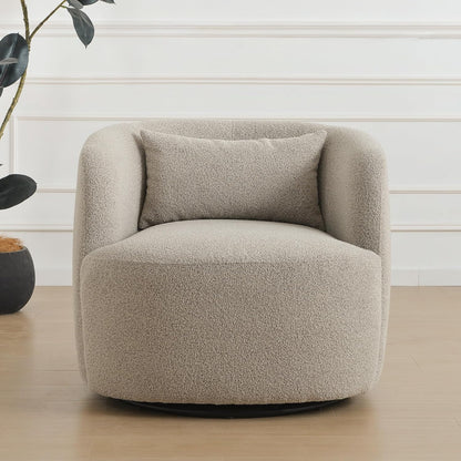 KINWELL 34" Wide Sherpa Swivel Barrel Chair, No Assembly Round Boucle Upholstered Accent Chair Armchair Single Sofa Chair with Toss Pillow for Living Room and Bedroom, Taupe