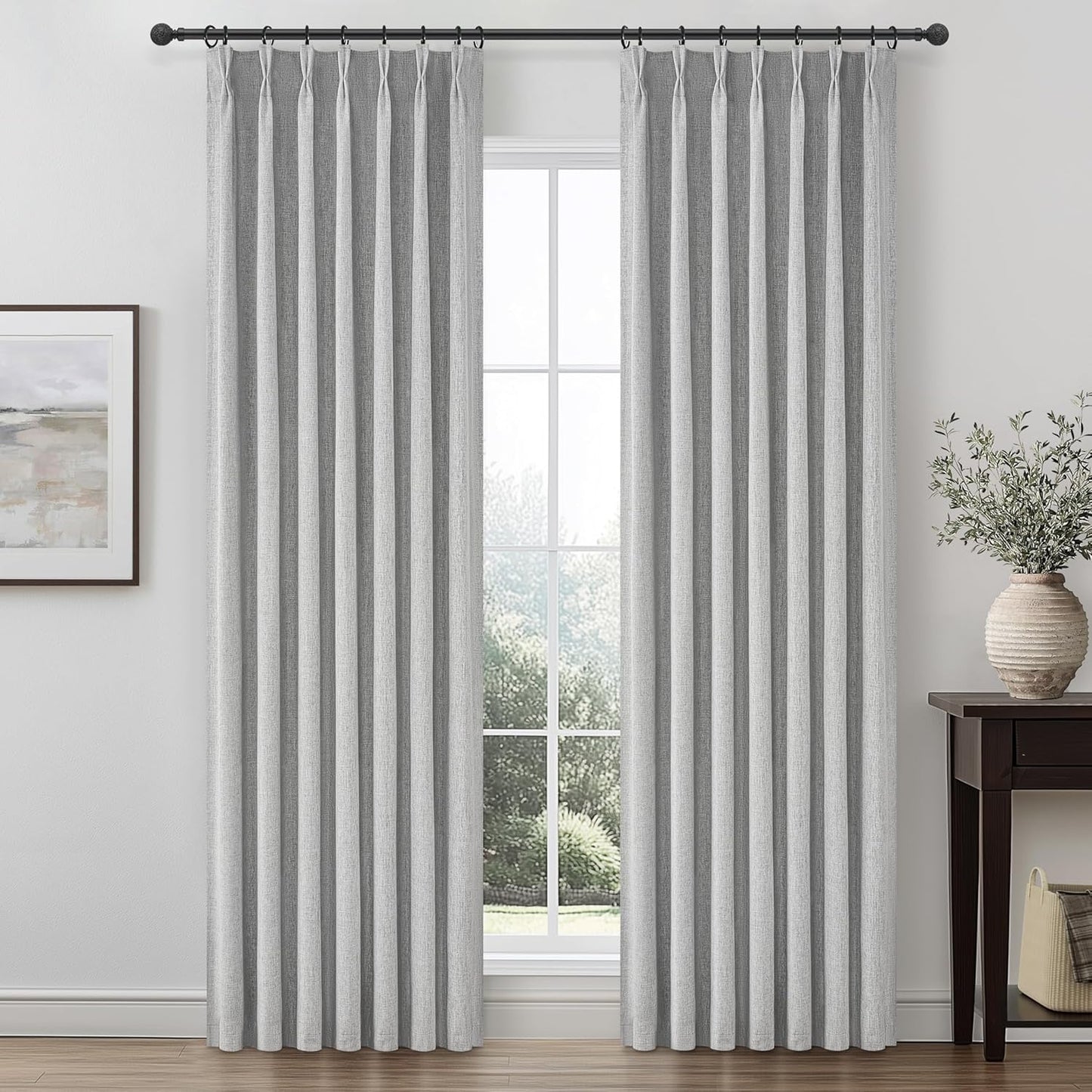 Grey Black Out Curtains 84 Inch Long for Living Room, Pinch Pleated Flax Linen Modern Insulated Drapes with Hooks Back Tab Bedroom Curtain 84 Inch Length 2 Panels Set Soundproof Privacy Windows Burg
