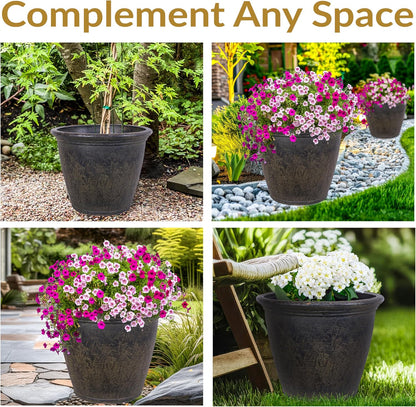 Sunnydaze 24-Inch Anjelica Large Plastic Pot for Plants - Outdoor Polyresin Round Planter with Drillable Drainage Holes - Sable - 2pk