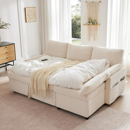 Waxberry Sectional Sofa Couch, Pull Out Couch Sleeper Sofa Bed with Storage for Living Room, Reversible Chaise, Side Pockets & Dual USB/Type-C Ports, Beige