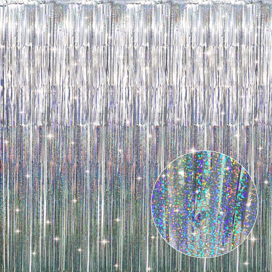 GOER 3.2 ft x 9.8 ft Metallic Tinsel Foil Fringe Curtains Party Photo Backdrop Party Streamers for Birthday,Graduation,New Year Eve Decorations Wedding Decor (1 Pack, Shiny Silver)