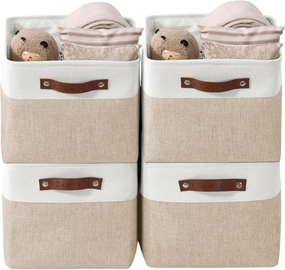 DECOMOMO Storage Bins Fabric Storage Baskets for Shelves, Linen Closet Organization Toys Nursery (Beige and White, Large - 4 Pack)