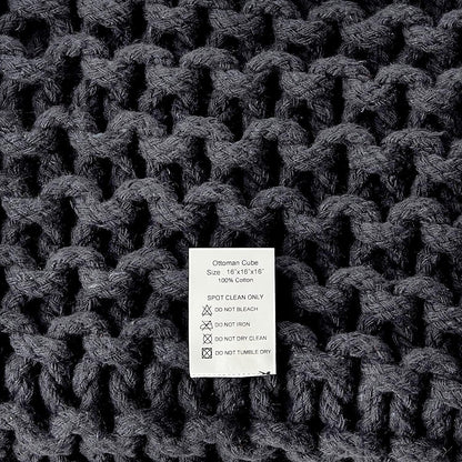 REDEARTH Cube Pouf Foot Stool Ottoman - Hand Knitted Coffee Table - Cotton Cord Boho Pouffe - Home Décor Poof - Stuffed Footrest for Living Room - Bedroom - Patio (16" x 16" x 16") - Dark Gray
