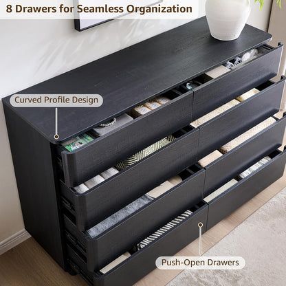 8 Drawer Dresser for Bedroom, 52 Inch Wide Modern Chest of Drawers, Push-to-Open Wood Storgae Organizer with Large Drawers for Bedroom, Living Room, Hallway, Black