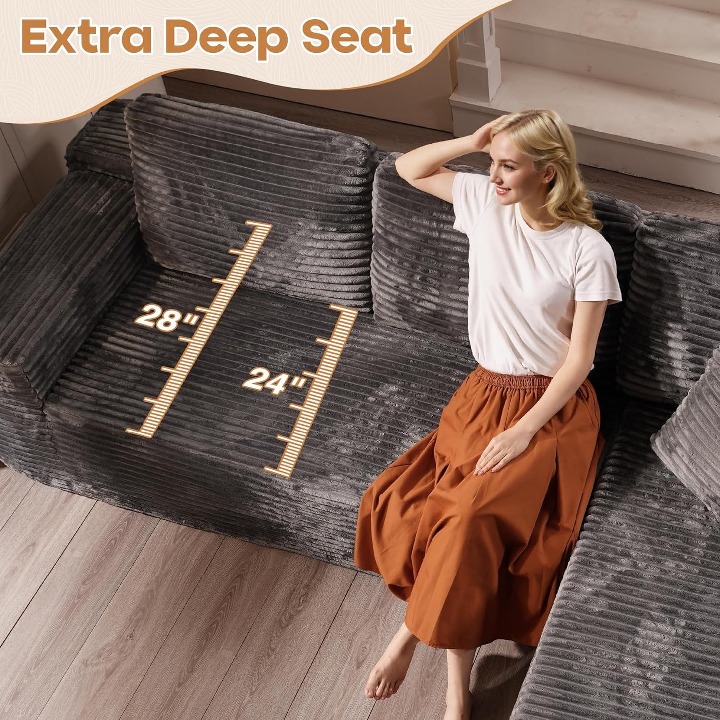 Cloud Sectional Couches for Living Room,U Shaped Modular Sofas No Assembly,165x107 Inches Plush Corduroy Oversized Floor Couch Set with Deep Seat Chaise,Grey