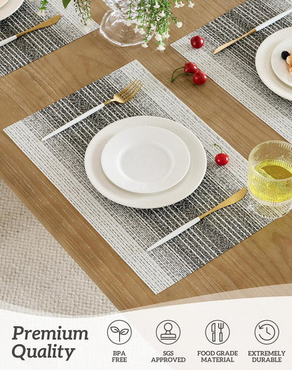 Leetaltree Black with White Woven Placemats Set of 6 - Heat Resistant Non-Slip Place mats for Dining Table, Washable Durable PVC Vinyl Woven Table Mats(Black with White, 6)