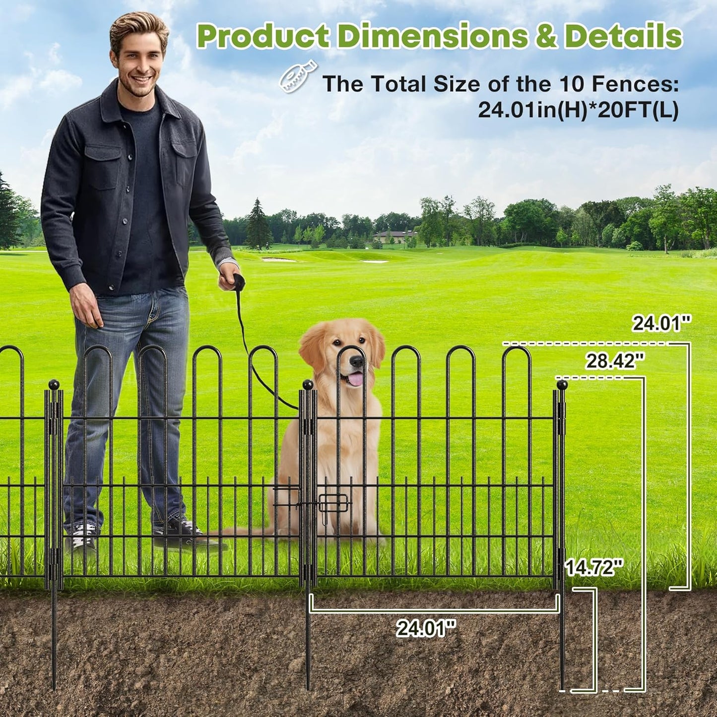 10 Panels Decorative Garden Fence with U-Shape and Latch Gate, 24.01in (H) X 20ft (L) Dog Fence Outdoor for Yard Security, Garden Fencing Includes Deep Stakes
