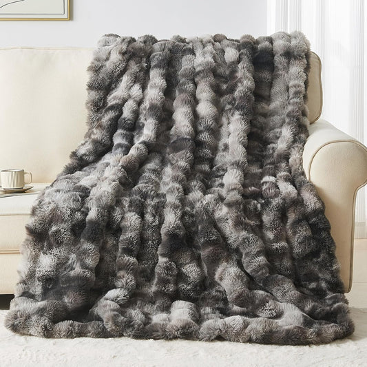Lotus Karen Faux Fur Throw Blanket Tie-Dye Dark Gray - Big Bubble Rabbit Fluff Blanket for Couch, Small Fluffy Fuzzy Cozy Blanket, Thick Furry Plush Shaggy Blankets, 50x60 Inches