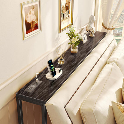 SUPERJARE Console Table with Outlet, 63 Inch Sofa Table with Charging Station, Narrow Entryway Table, Skinny Hallway Table, Behind Couch Table, for Living Room, Plants, Black