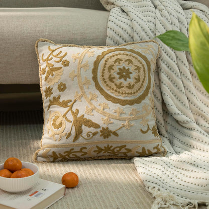 Embroidered Mandala Floral Vintage Indian Cotton Decorative Embroidery Throw Pillow Covers, Fringes Lace Cushion Cover, Pillow Case for Sofa Couch Bed Chair 18" x 18"