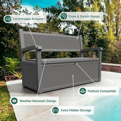 70 Gallon Outdoor Storage Box, Resin Patio Furniture with Armrest, Lockable Deck Box with Waterproof and UV Resistant for Patio Cushions, Garden Tools and Pool Supplies, Grey