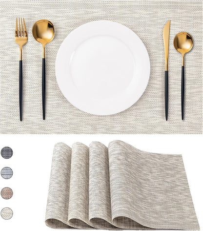 CADONO Placemats Set of 4 Washable Indoor/Outdoor Vinyl Place Mats for Dining Table Durable Non-Slip Heat Resistant PVC Weave Table Mats（Beige）