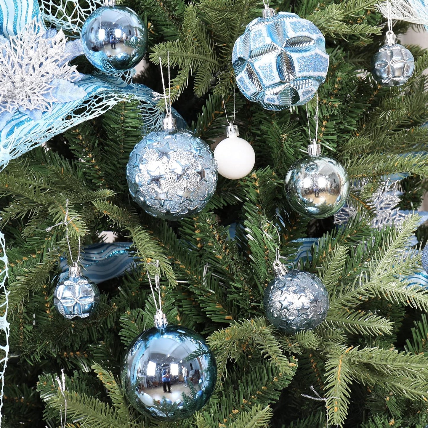 87ct Christmas Ball Ornaments Set Shatterproof Seasonal Hanging Decorations with Reusable Hand-held Gift Package for Xmas Tree Holiday Party and Home Decor, Airy Blue