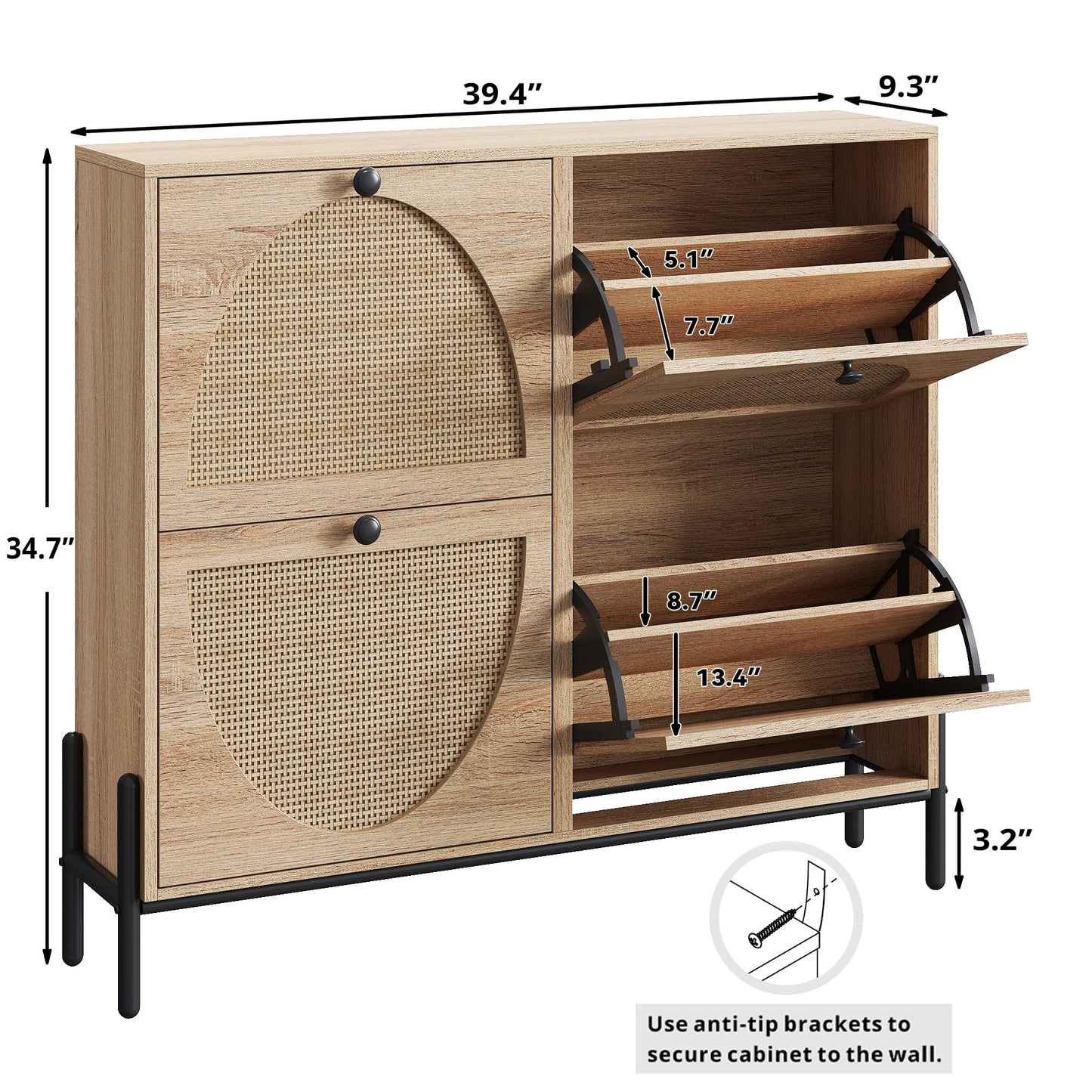 IRONCK Rattan Shoe Cabinet Storage with 4 Flip Drawers, Oak