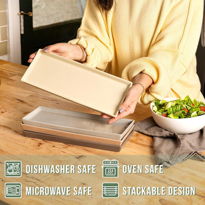 Home Beets Neutral Colored Ceramic Serving Platters (14 x 6 Inch Rectangle Plates) Serving Dishes for Entertaining, Food, Appetizers, Desserts, Cheese Board, Charcuterie, Sushi - Set of 4 Party Trays