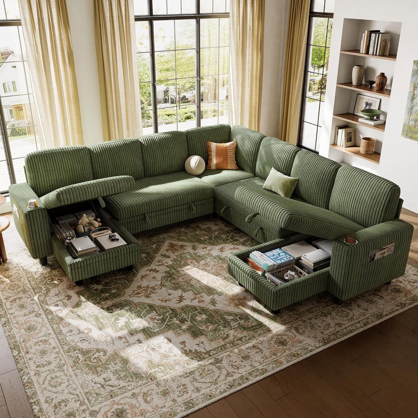 LINSY HOME Sectional Sleeper Sofa with Pull Out Couch Bed - Convertible Plush Corduroy Cloud Couch with Storage Chaise & USB Charging, Comfy Modular Couches for Living Room, Green