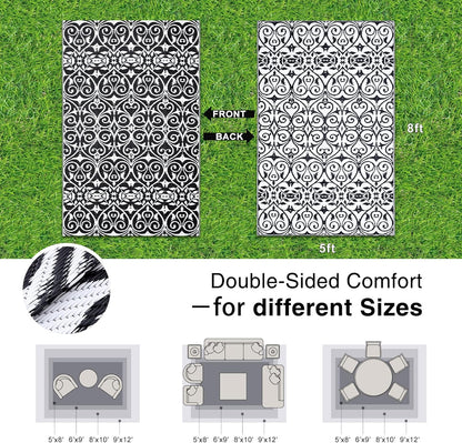 OLANLY Outdoor Rug Waterproof 5x8 ft Clearance, Reversible Outdoor Plastic Straw Rug with Floral Pattern, RV Mat for Patio, Camping, Balcony, Deck, Backyard, Black & White