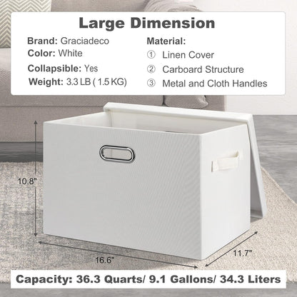 Large 17" 36 Quart Collapsible Stackable Storage Bins with Lids, 3 Packs White Linen Fabric Closet Boxes with Lids, Storage Cube Baskets Container Organizers for Bedroom Office(17 x12 x11)
