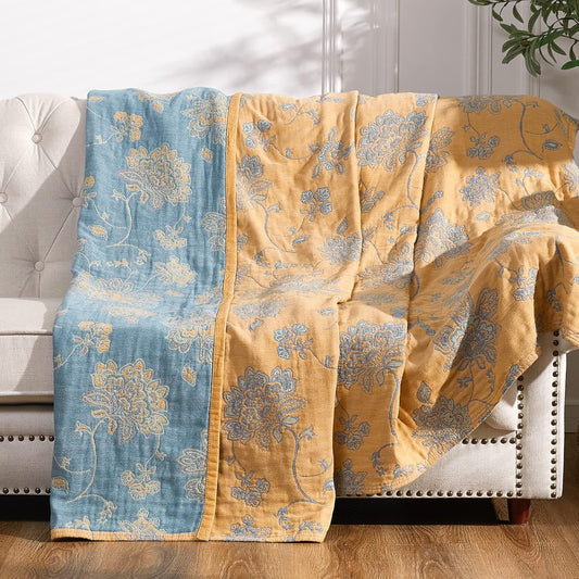 jinchan Boho 100% Cotton Muslin Twin Size 60x80 Inches Blanket Lightweight 4-Layer Quilted Soft Yellow and Blue Floral Throw Blanket Reversible Comfy Flower Breathable All Seasons Couch Bedroom Decor