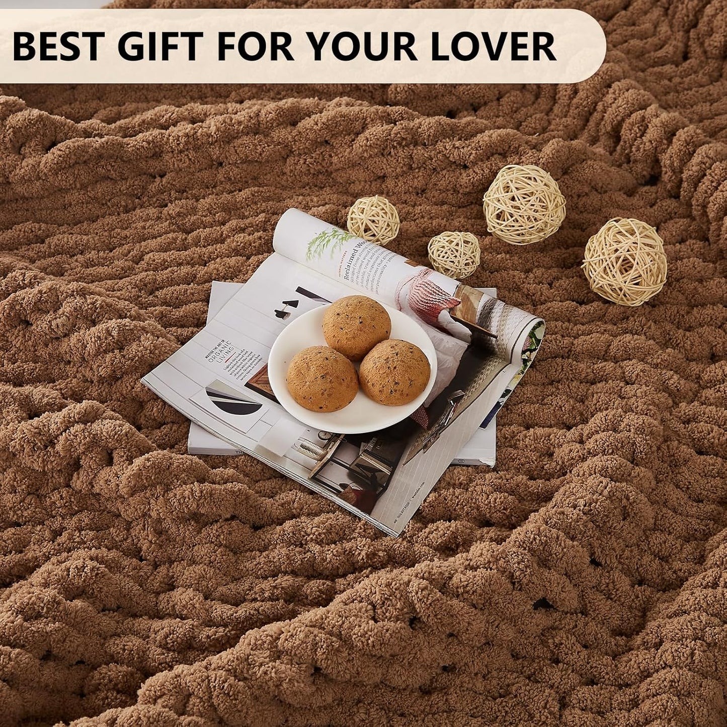 L'AGRATY Chunky Knit Blanket Throw: 50''x60'' Chenille Chunky Knitted Throw Blanket for Bed Couch - Handmade Thick Big Cable Knit Blanket - Large Chunky Crochet Rope Blanket for Home Decor(Brown)