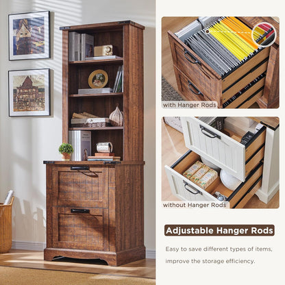 RedLemon Bookcase with 2 File Drawers, 72" Tall Farmhouse Bookshlef with Storage and Adjustable Shelves, 4 Tier Rustic Wood Bookshelf with Cabinet for Office, Living Room (Reclaimed Barnwood Color)