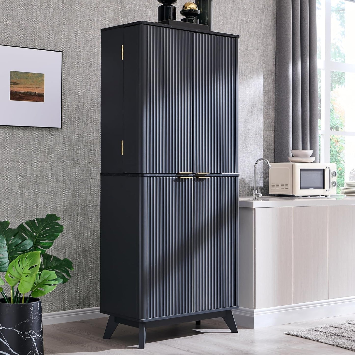 OKD Fluted Kitchen Pantry, 72" Tall Mid Century Modern Storage Cabinet with Adjustable Shelves & Door Organizer, Wood Cabinet for Kitchen, Living Room, Dark Grey
