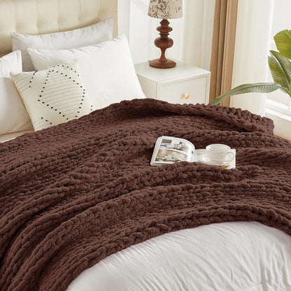 Carriediosa Chunky Knit Throw Blanket 60" X 80" Twin, 100% Hand Made Large Chenille Loop Yarn Soft Fluffy Throws for Couch Sofa Bed, Big Crochet Cozy Heavy Thick Cable Woven Blanket, Cocoa Brown
