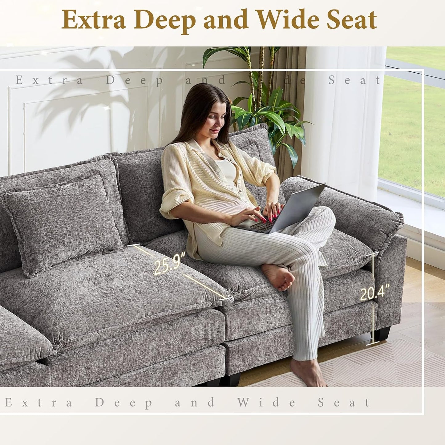 URRED Modular Sectional Sofa Comfy Cloud Couch, Modern Chenille Sofa Sleeper Deep Seat Couches with Ottoman/Pillows for Living Room (Gray, 117'' - U Shape)