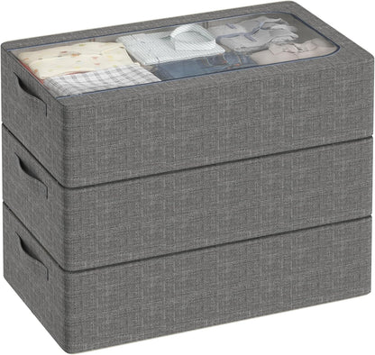 3PCS Under Bed Storage Bins with Metal Frame, Linen Fabric Frame Storage Box Clothes Organizer Bins, Underbed Container with Clear Window (Dark Grey, 23.6 x 13 x 6IN)