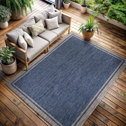 CAMILSON Outdoor Rug, 8x10 Bordered Navy Blue Gray Modern Area Rugs for Indoor and Outdoor Patios, Porches Waterproof Washable Porch Deck Outside Carpet (Bordered Navy, 8 x 10)