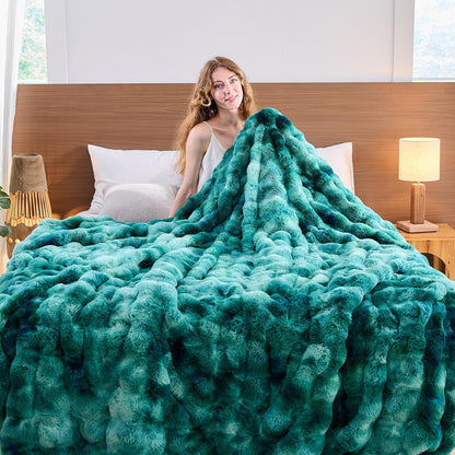 Lotus Karen Faux Fur Throw Blanket Tie-Dye Green-Big Bubble Rabbit Fluff Blanket for Couch,Small Fluffy Fuzzy Cozy Blanket,Thick Furry Plush Shaggy Blankets,50x60 Inches
